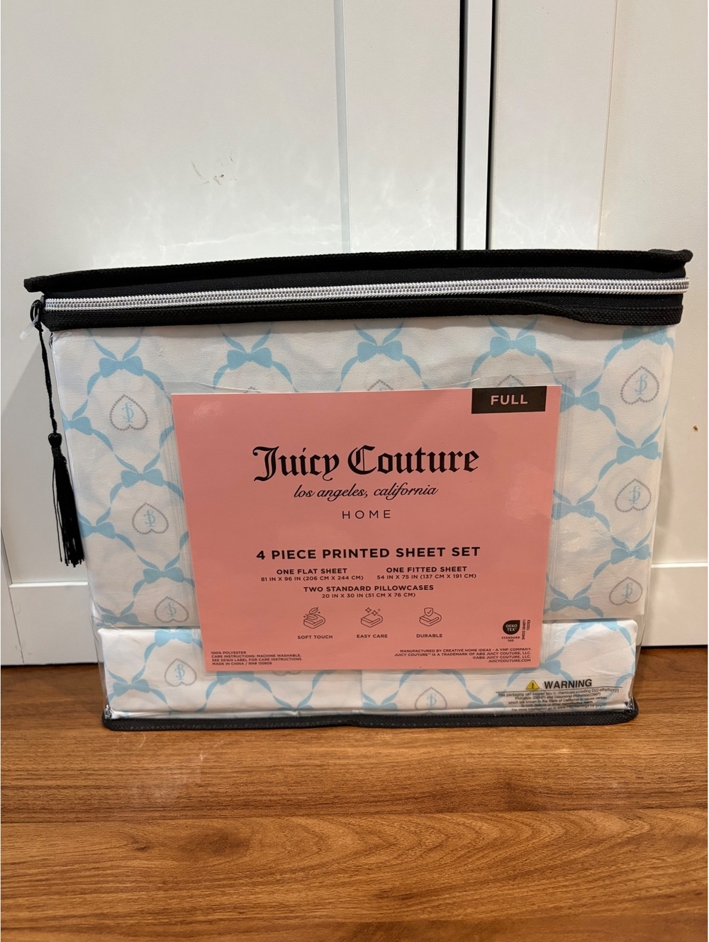 Juicy Couture Full 4-Piece Sheet Set – Blue Bows & Heart Logo – New
